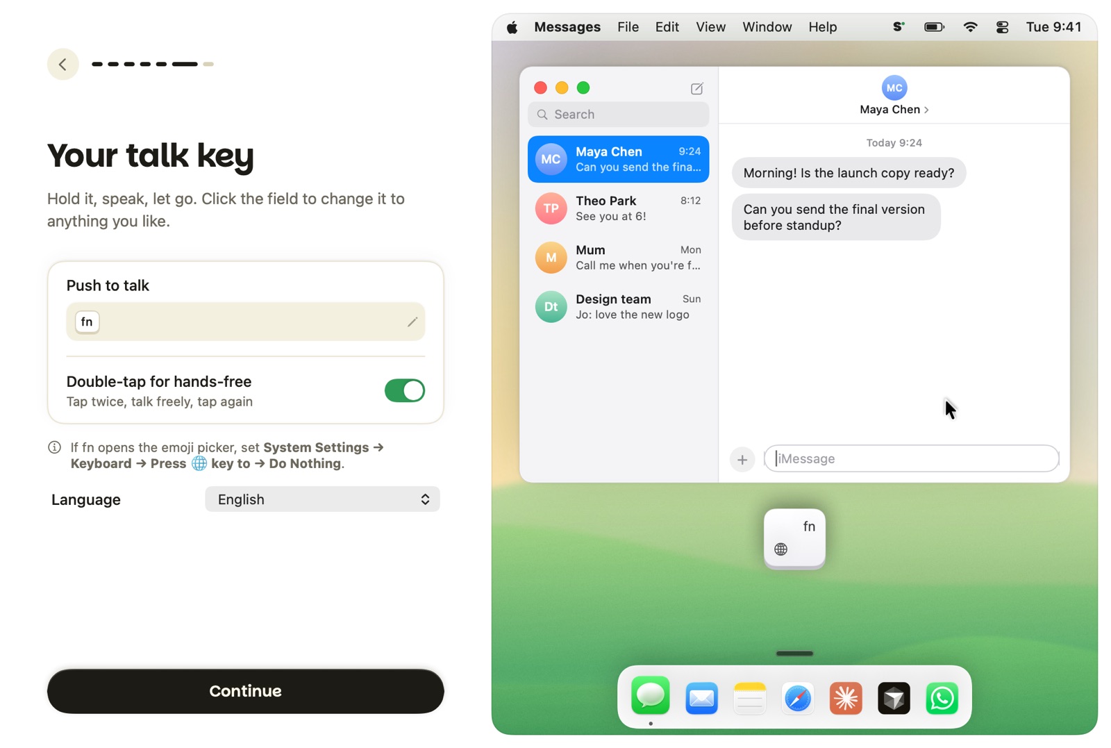 Sotto setting up your talk key, next to a Messages window